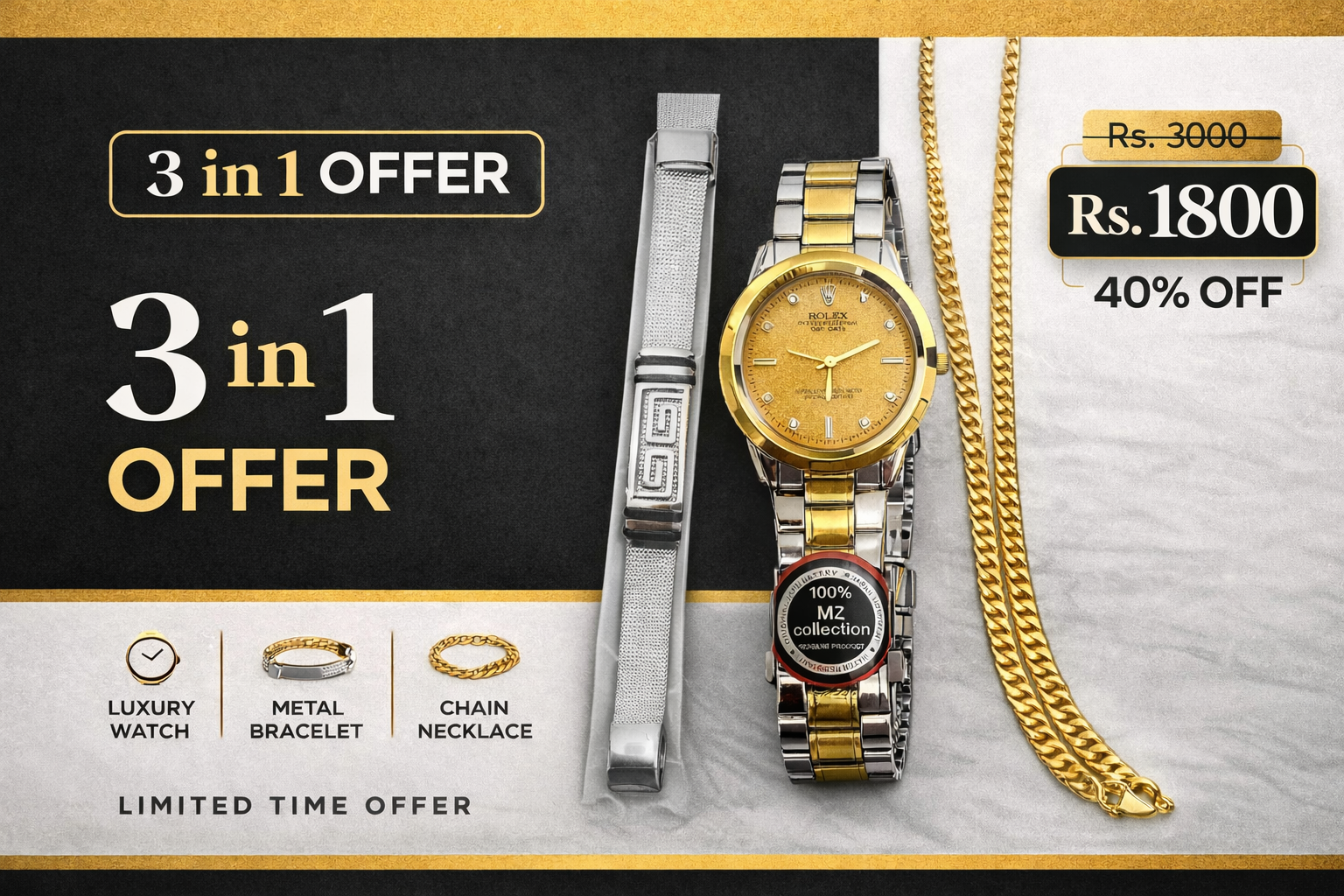 03 in 01 Watch,Bracelet,Chain Offer